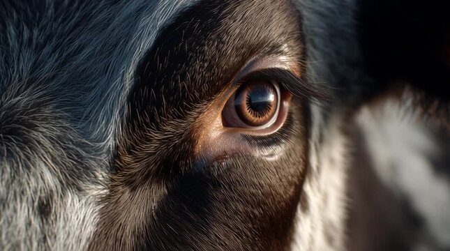 A cow's face, dark brown and white patches