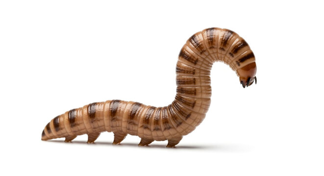 Isolated on white background, a closeup of a caterpillar with brown and beige stripes, showcasing its segmented body and delicate features