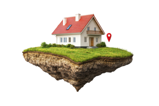 Floating island with a house and red roof isolated on transparent background. Real estate location house with a map pin on a floating plot of land isolated on white background. - Powered by Adobe