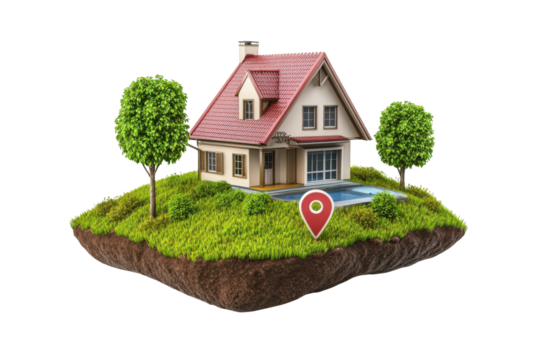Miniature floating island with a house trees and a swimming pool isolated on transparent background. Real estate location house with a map pin on a floating plot of land isolated on white background.
