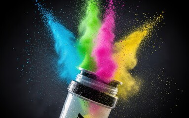 Colorful holi powder exploding from a bottle against a dark background, creating a vibrant and energetic visual spectacle