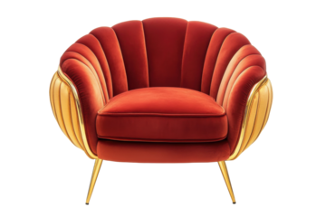 Luxurious red velvet armchair with gold fringe isolated on transparent background. Red and gold luxury armchair isolated on white background.