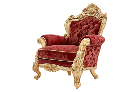 Ornate red velvet armchair with gold trim isolated on transparent background. Red and gold throne chair isolated on white background.