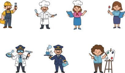 Vector illustration of various professional characters including engineer, chef, teacher, scientist, pilot, and artist in cartoon style on white background. © Afsana Creatives