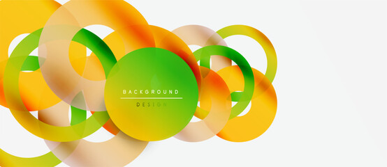 Abstract colorful circles overlap, creating dynamic visual effect. Bright gradients, modern design elements present. Smooth transitions, clean aesthetic.