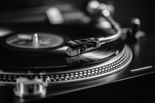 A black and white image of a vinyl record spinning on a vintage turntable, showcasing audio tech