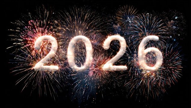 2026" in glowing cloud-like text amidst a vibrant fireworks display on a dark backdrop