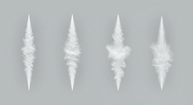 White spindle-shaped spray or mist patterns. Water spray mist atomizer dust aerosol, air atomizer sprayer on gray background.