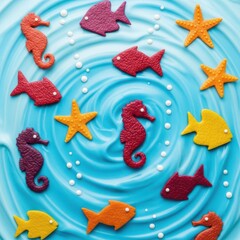 Cute oceanthemed cake decoration with colorful fondant sea creatures like seahorses, fish, and starfish on blue swirled icing