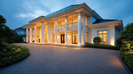 An elegant modern mansion with grand pillars illuminated at dusk, surrounded by lush greenery.
