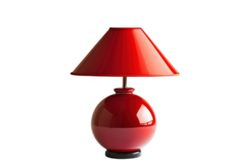 Red ceramic table lamp with conical shade isolated on transparent background. Red lamp isolated on white background.
