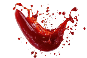 Dynamic red sauce splash isolated on transparent background. Red ketchup splash isolated white background.