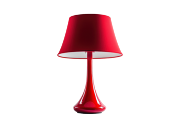 Red ceramic table lamp with conical shade isolated on transparent background. Red lamp isolated on white background.
