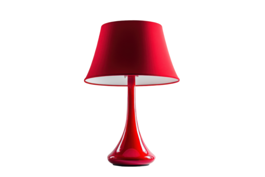 Red ceramic table lamp with conical shade isolated on transparent background. Red lamp isolated on white background.