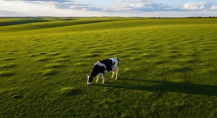 Black and White Cow Grazing in a Vast Green Rolling Field Under a Cloudy Sky cattle animal