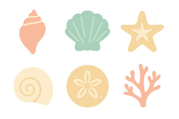 Pastel colored seashells, starfish, sand dollar, and coral elements