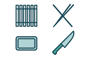 Collection of cooking and kitchen utensils including grill grate, chopsticks, cutting board, and chef knife