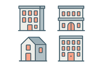 Four simple architectural icons representing residential houses and apartment buildings