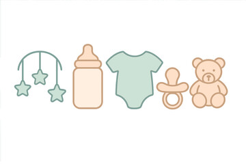 Collection of essential newborn baby care items and toys in soft pastel colors