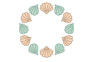 Minimalist circular frame composed of alternating pastel colored scallop seashells on white background