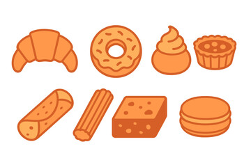 Assortment of sweet bakery and dessert items including croissant donut macaron and tart