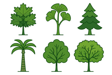 Obraz premium Six different types of stylized green trees including deciduous, coniferous, and tropical palm
