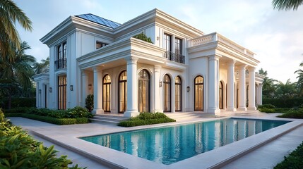 Stunning luxury villa with a pool, designed in a classic style surrounded by lush greenery.