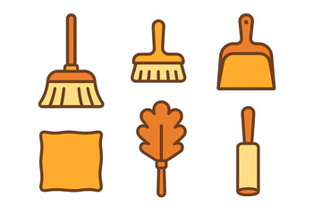 Essential household cleaning tools collection including broom, dustpan, brush, duster, and lint roller