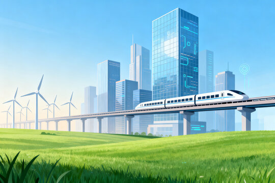High speed train in futuristic city