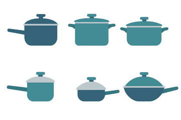 Collection of various kitchen cooking pots and pans with lids in flat design