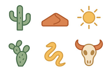 Stylized desert environment icons featuring cacti, sun, sand dune, snake, and skull elements