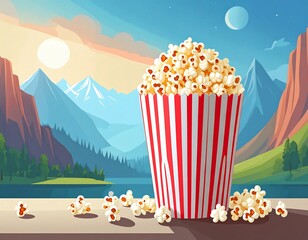 Popcorn in a striped box by a lake