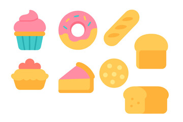Colorful assortment of sweet bakery items including bread, donuts, cupcakes, and pie