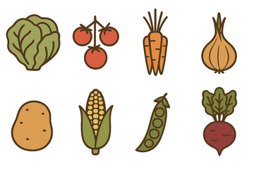 Collection of fresh garden vegetables including carrots, tomatoes, corn, peas, potato, onion, and lettuce