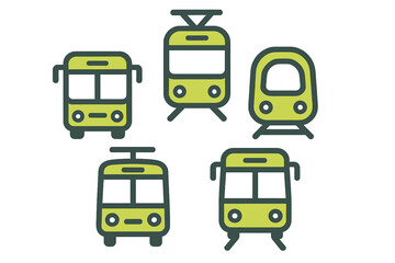 Simple graphic set of urban public transit vehicles including bus, tram, and subway train