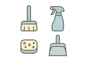 Four essential household cleaning tools including brush, spray bottle, sponge, and dustpan in pastel colors