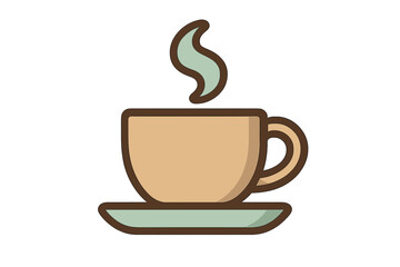 Stylized steaming hot beverage cup on a saucer in warm brown and mint green
