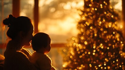 Silhouette of a mother and child, embracing tenderly, in front of a glowing, blurred Christmas tree, illuminated by warm, golden light, during the evening, fostering a sense of warmth and comfort.
