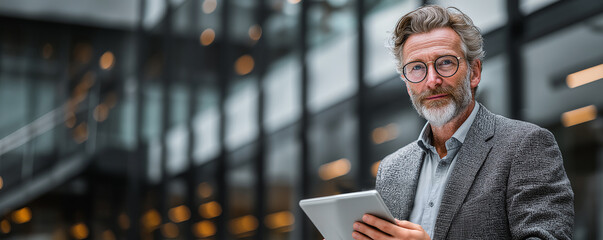 Confident mature businessman with beard and glasses using tablet in modern office building. Professional corporate portrait symbolizing leadership, innovation, and success.
