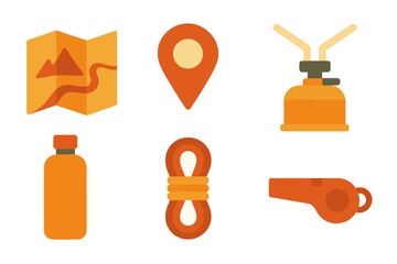 Flat style icons representing essential equipment for hiking, camping, and outdoor adventure