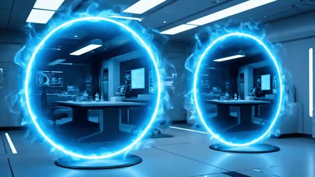 Holographic teleport portals opening between two labs