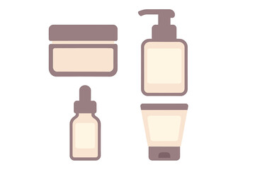 Minimalist set of four cosmetic product containers cream jar pump bottle dropper tube