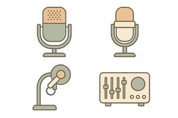 Retro style icons featuring professional studio microphones and an audio mixing console