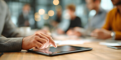 Colleagues Brainstorming on Tablet. Close-up of a man's hands using a tablet and pen during a collaborative brainstorming session. Teamwork and innovation.