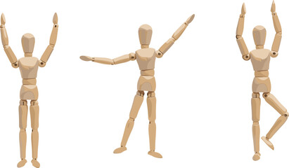 Wooden mannequin human figures posing, artist model dolls in different body positions, art reference design for drawing, anatomy, balance, and motion study