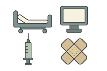 Essential medical symbols featuring hospital bed syringe and patient monitor