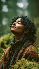 Woman with curly hair, eyes closed and face lifted, finding calm and spiritual connection in a lush green forest, embracing nature, mindfulness and inner peace