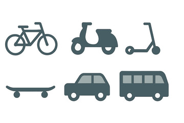 Modern symbols representing city transportation options and personal urban mobility