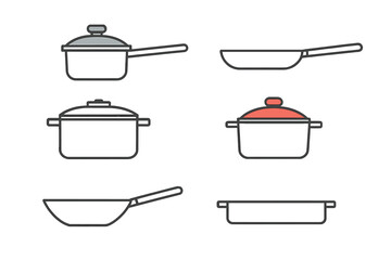 Collection of outline icons showing kitchen pots, pans, and cooking utensils
