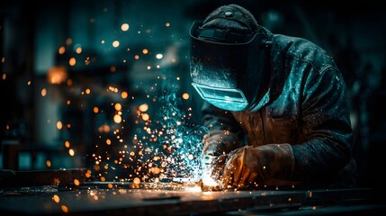 A person wearing protective gear is engaged in a welding process, with bright sparks illuminating their work, creating a dynamic and industrial composition.